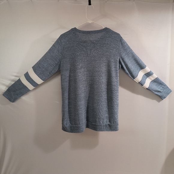 Women's Large Blue W/White Sleeve Stripes Crew Neck Sweater - Picture 2 of 10